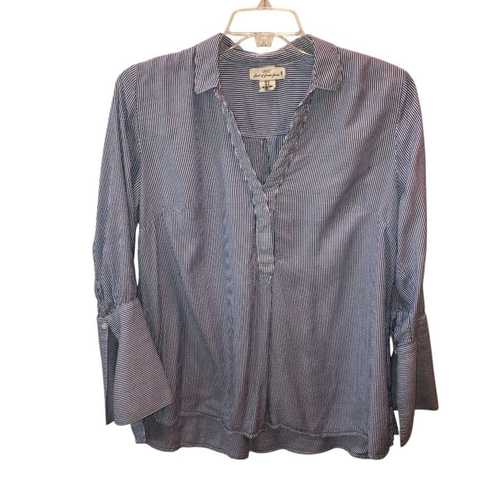 LOGG Womens Size 14 Blue White Pinstripe Long Bell Sleeve Collared Shirt Top
